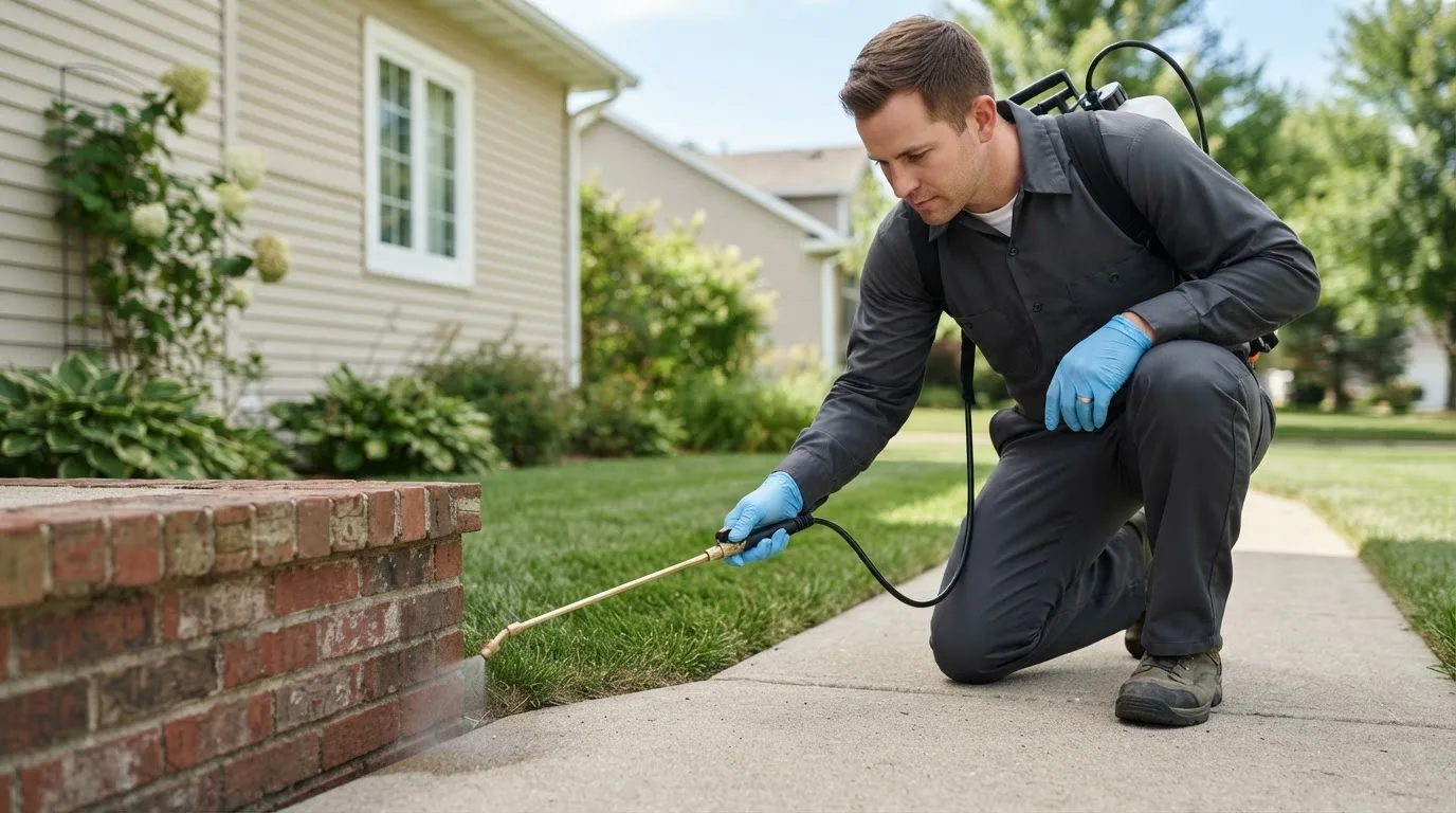 Pest control technician treating a home near Minot, ND